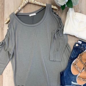 3/4 sleeve top with lace up sleeves
